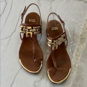 Stuart Weitzman Hardware Block Heel Sandals with Gold Accenting